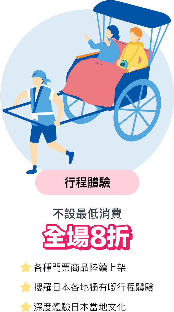 行程體驗不設最低消費全場8折各種門票商品陸續上架/搜羅各地區獨有的行程體驗/深度體驗日本當地文化